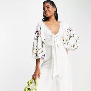 ASOS DESIGN occasion big sleeve tie front wide leg jumpsuit with embroidery